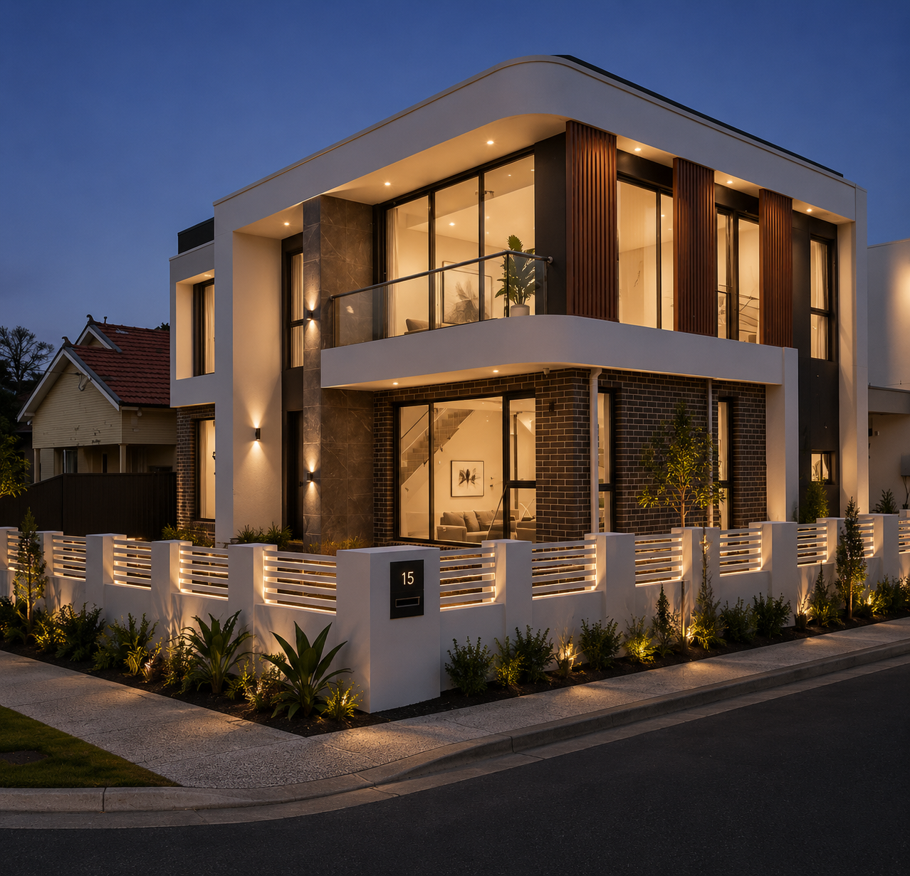 Architectural aluminium and glass balustrade on a luxury Sydney home at dusk